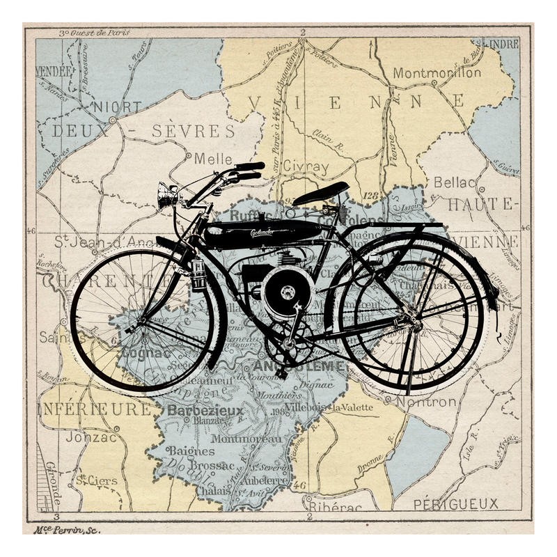 Tina Carlson, BIKE I (Geografische Karte, Landkarte, Retro, Vintage, Elektro-Bike, Fahrrad,  historisch, Grafik, Wunschgröße, Wohnzimmer, Treppenhaus, bunt)