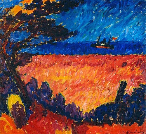 Alexej von Jawlensky, Landschaft (an der Ostsee). 1911 (Jawlensky,Alexej von,1864-1941,Privatbesitz Basel,Öl/Karton,20. Jahrhundert,Alexej von Jawlensky,Landschaft,Blauer Reiter,Expressionismus,Dampfer,Meer,Ostsee,Fauvismus,fauvistisch,Farbigkeit)