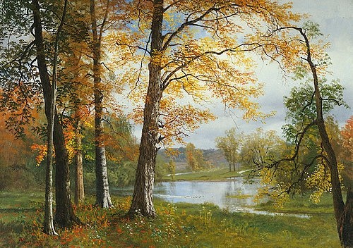 Albert Bierstadt, Ein ruhiger See. (Christie's Images Ltd,Bierstadt,Albert,1830-1902,Öl auf Leinwand,19. Jahrhundert,? Christies Images 2003,Albert Bierstadt,Amerika,USA,amerikanische Kunst,Herbst,Bäume,Ruhe,niemand,Landschaft,Natur,See, Vereinigte Staaten)