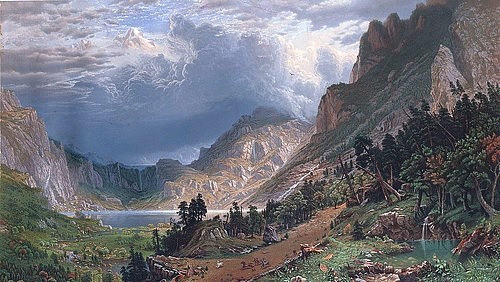 M. H. Long, Ein Sturm in den Rocky Mountains - Mount Rosalie. 1866 (Chromolithographie 1869) (Christie's Images Ltd,19. Jahrhundert,Long,M. H.,nach Albert Bierstadt,Chromolithographie,Albert Bierstadt,Amerika,USA,amerikanische Kunst,Rocky Mountains,Landschaft,Berge,Natur,Gebirge, Vereinigte Staaten)