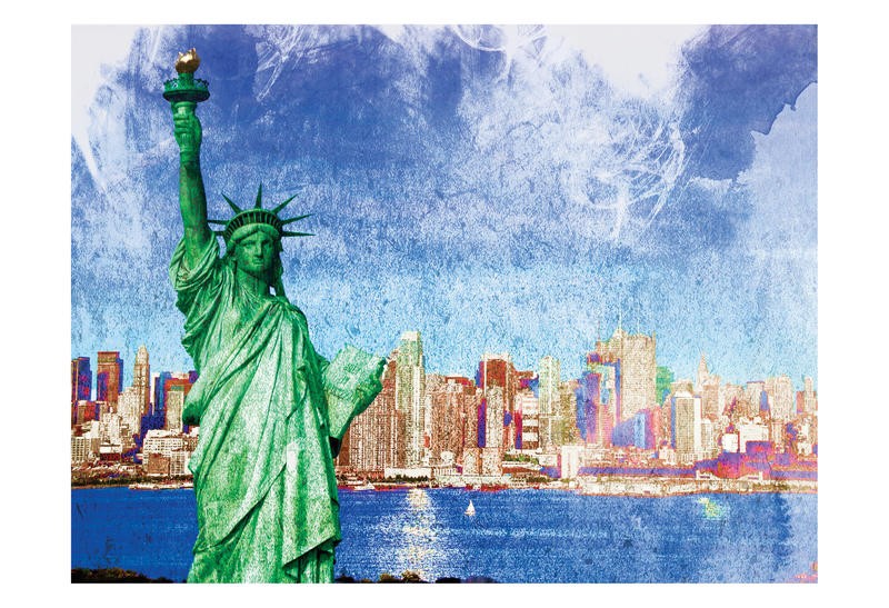 Jody Taylor, LIBERTY I (Freiheitsstatue, Skulptur, Liberty, New York, Skyline, Hochhäuser, Wahrzeichen, Architektur, Städte, moderne Malerei, Fotokunst, zeitgenössisch, Wohnzimmer, Jugendzimmer, Treppenhaus, Wunschgröße, bunt)