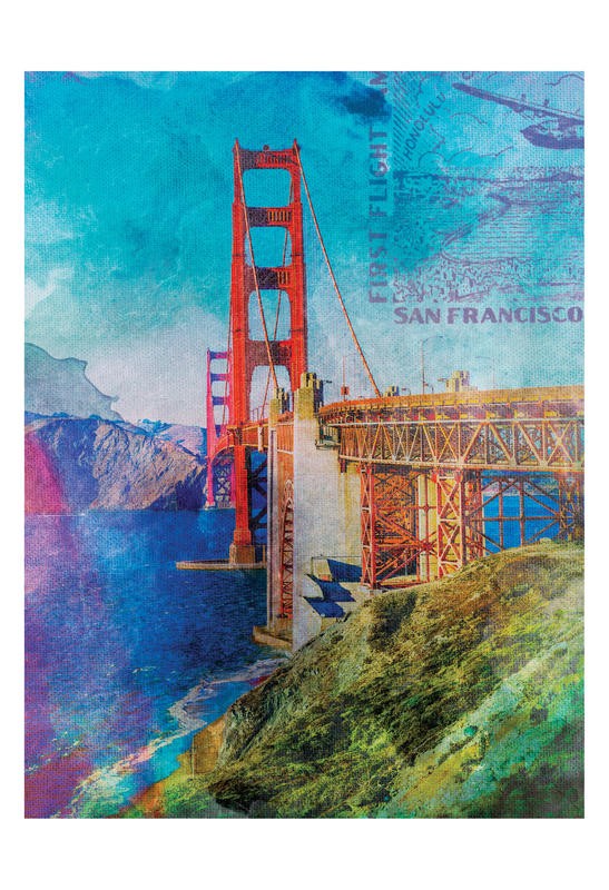 Jody Taylor, SAN FRANCISCO (Golden Gate Bridge, Brücke, Wahrzeichen, San Franzisco, Amerika, Architektur, Städte, moderne Malerei, Fotokunst, zeitgenössisch, Wohnzimmer, Treppenhaus, Wunschgröße, bunt)