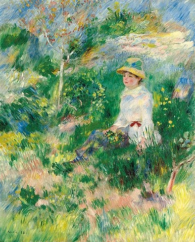 Pierre-Auguste Renoir, Sommer, junge Frau auf einer Blumenwiese. 1884 (Frau, sonnen, Sommer, Blumenwiese,  Freizeit, Entspannen, Genießen, Impressionismus, klassische Moderne, Wunschgröße, Wohnzimmer, Malerei)