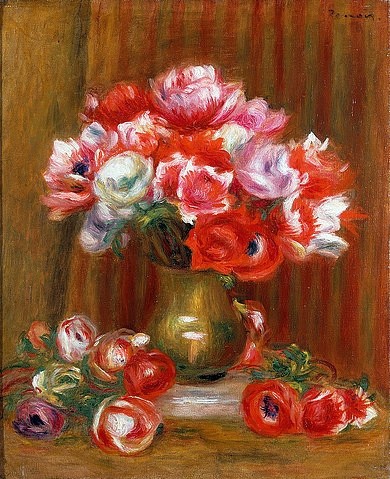 Pierre-Auguste Renoir, Anemonen. 1909 (Stillleben, Bumen, Blüten, Blumenstrauß, Anemonen, Blumen, Blumenstrauß, Windröschen, Vase, floral, Impressionismus, klassische Moderne, Wunschgröße, Wohnzimmer, Esszimmer, Treppenhaus, Malerei)