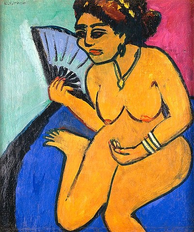 Ernst Ludwig Kirchner, Sitzender Akt mit Fächer. 1910-11 (Kirchner,Ernst Ludwig,1880-1938,Christie's Images Ltd,20. Jahrhundert,Expressionismus,Ernst Ludwig Kirchner,Brücke, Frau,Akt,weiblicher Akt,Fächer,Haut,Hautfarbe,Modell,Accessoire,sitzen,Farben,kräftige Farben,Brust,Brüste,nackt,unbekleidet,modern)