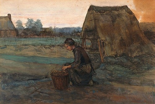 Vincent van Gogh, Eine kniende Frau vor einer Hütte. 1883 (Landschaft, Hütte, Armut, Frau, Korb, Landwirtschaft, Melancholie, Klassische Moderne, Impressionismus, Wohnzimmer, Treppenhaus, Wunschgröße, bunt)