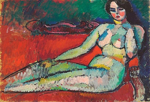 Alexej von Jawlensky, Odaliske. 1910 (Jawlensky,Alexej von,1864-1941,Christie's Images Ltd,Öl/Karton,20. Jahrhundert,Expressionismus,Alexej von Jawlensky,Blauer Reiter,Expressionismus,Farbigkeit,Farben,Fauvismus,Frau,weiblicher Akt,Haut,Sofa,nackt,Odaliske)