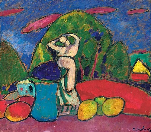 Alexej von Jawlensky, Stillleben mit Figur. 1909-10 (Jawlensky,Alexej von,1864-1941,Christie's Images Ltd,Öl/Karton,20. Jahrhundert,Expressionismus,Alexej von Jawlensky,Blauer Reiter,Expressionismus,Farbigkeit,Farben,Figur,Figurine,Zitrone,Zitronen,Wolken,Himmel,Blumentopf,Früchte)