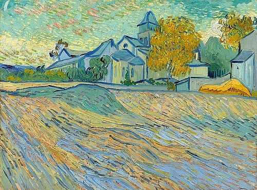 Vincent van Gogh, Ansicht des Spitals und der Kapelle von Saint Rémy. 1889 (Landschaft, Felder, Gebäude, Klinik, Hospital, Irrenanstalt, Südfrankreich, Klassische Moderne, Impressionismus, Wohnzimmer, Treppenhaus, Wunschgröße, bunt)