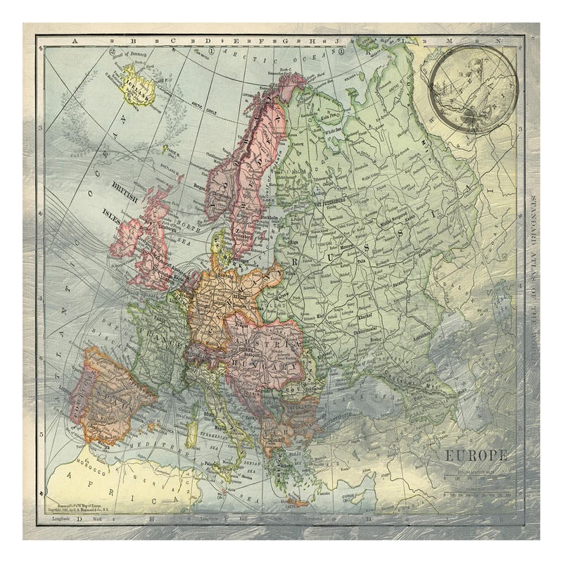 Sheldon Lewis, EUROPE I (Karte, Kartografie, Europakarte, Atlas, Reisen, Büro, Wohnzimmer, Treppenhaus, Wunschgröße, Grafik, bunt)