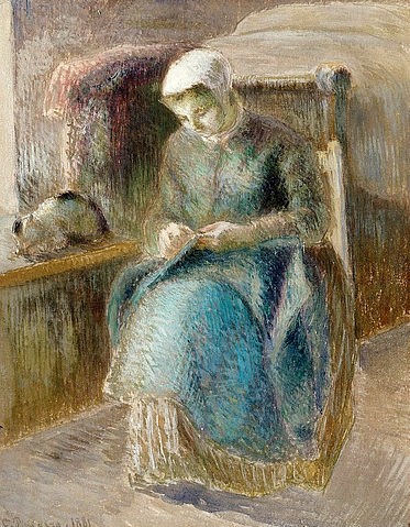 Camille Pissarro, Nähende Frau. (Christie's Images Ltd,Pissarro,Camille,1830-1903,Gouache/Bleistift,Impressionismus,? Christies Images 2006,Camille Pissarro,Katze,handarbeiten,nähen,sticken,stopfen,Hausfrau,Katze,Frau,Handarbeit, französischer impressionismus)