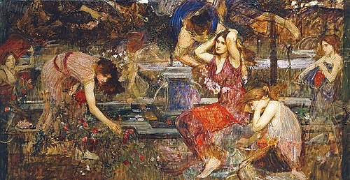 John William Waterhouse, Flora und Zephyr. (Zephyr, Zephir, Windgott, Mythologie, Göttin, Flora,  Frauen, Garten, Blumen pfücken, Symbolismus, Präraffaeliten, Klassiker, Wohnzimmer, bunt)