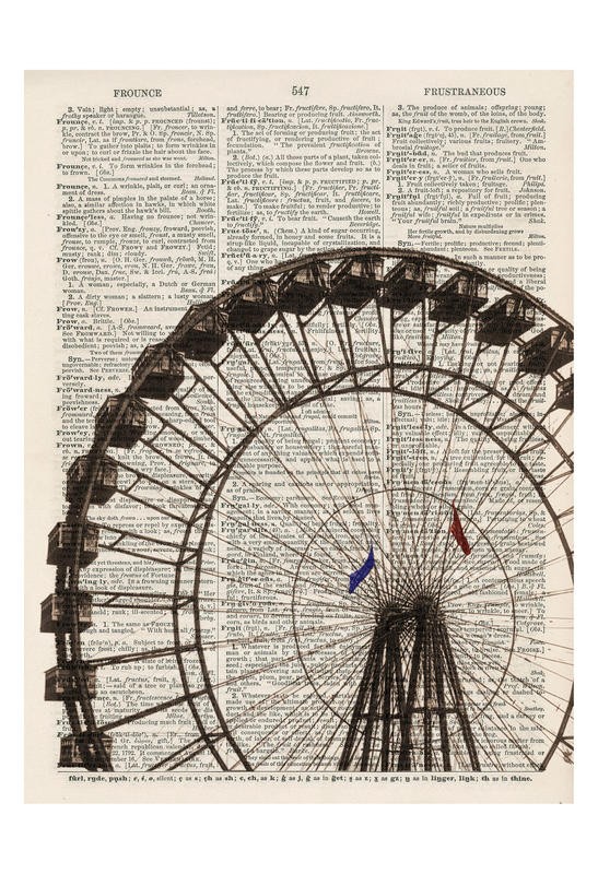 Tina Carlson, SHOWPLACE I (Zeitung, Buchseite, Lexikon, Riesenrad, Nostalgie, Grafik, Wunschgröße, Wohnzimmer, Treppenhaus, schwarz/weiß/sepia)