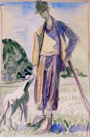 Ernst Ludwig Kirchner, Der Hirte. (Aquarell und schwarze Kreide auf Papier,Expressionismus,20. Jahrhundert,Gouache,Christie's Images Ltd,1880-1938,Kirchner,Ernst Ludwig,Ernst Ludwig Kirchner,Die Brücke,Bauer,Farmer,Hirte,Schäfer,Mann,Schaf,Schäfchen,Lamm,Landwirtschaft,Tier,Jungtier)