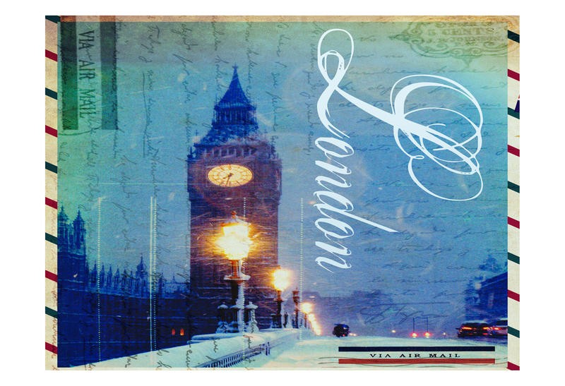 Jody Taylor, POSTCARD LONDON I (Big Ben, Glockenturm, Wahrzeichen, London, Postkarte, Luftpost, Architektur, Städte, moderne Malerei, Fotokunst, zeitgenössisch, Wohnzimmer, Treppenhaus, Wunschgröße, bunt)