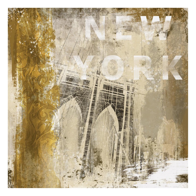 Cynthia Alvarez, NY BROOKLYN BRIDGE (Abstrakte Kunst, New York, Brücke, USA, romantisch, abstrakte Malerei, Schnörkel, florale Muster, Wohnzimmer, Treppenhaus, Schlafzimmer, Wunschgröße, beige)