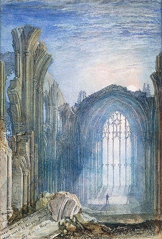 Joseph Mallord William Turner, Melrose Abbey: eine Illustration zu Sir Walter Scotts 'The Lay of the Last Minstrel'. (Turner,Joseph Mallord William,1775-1851,Christie's Images Ltd,Aquarell und Bleistift,19. Jahrhundert,Joseph Mallord William Turner,Das Lied des letzten Minstrels,Licht,Kloster,Ruine,gespenstisch,Alptraum,traumhaft,Romantik,Sir Walter Scott,Bogen,Nachtstüc)