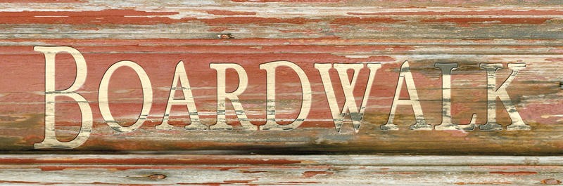Diane Stimson, SEASIDE III (Maritim, Schild, Promenade, Holzstruktur, Motivation, Inspiration, Typografie, Grafik, Wunschgröße, Treppenhaus, rot/beige)