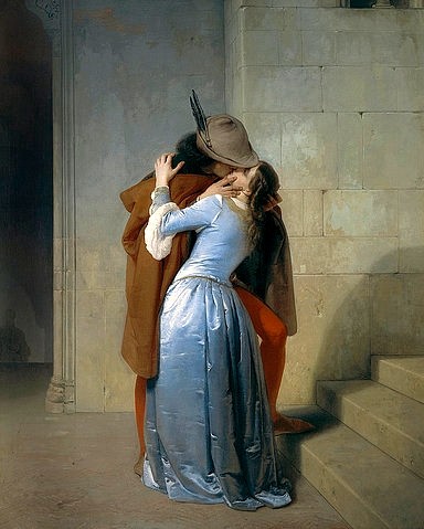 Francesco Hayez, Der Kuss. 1859 (Malerei, Romantik, Liebe, Historienmalerei,  Liebespaar, Umarmung, Kuss, Abschied, Schlafzimmer, Wohnzimmer, Wunschgröße, bunt)