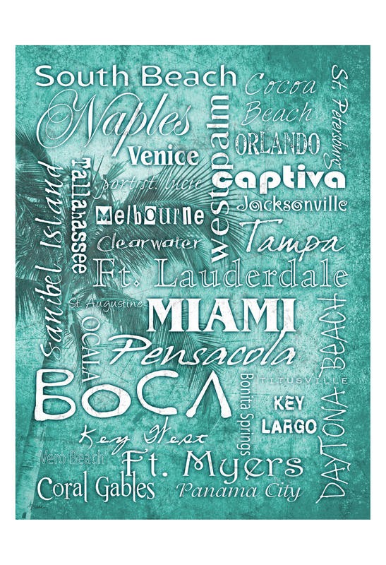 Diane Stimson, SOUTH BEACH I (Urlaub, Palme, Strand, maritim, Typografie, Wunschgröße, Treppenhaus, türkis)