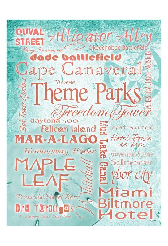 Diane Stimson, THEME PARKS I (Urlaub, Reisen, Florida, Themenparks, Typografie, Wunschgröße, Treppenhaus, türkis/orange)