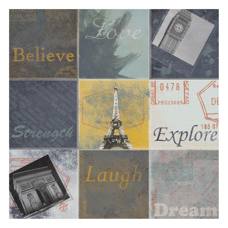 Lauren Gibbons, BOXES TRAVELING I (Städte, Reisen, Paris, Frankreich, Inspiration,  Kalligrafie, Typografie, Treppenhaus, Wohnzimmer, Grafik, Wunschgröße, bunt)