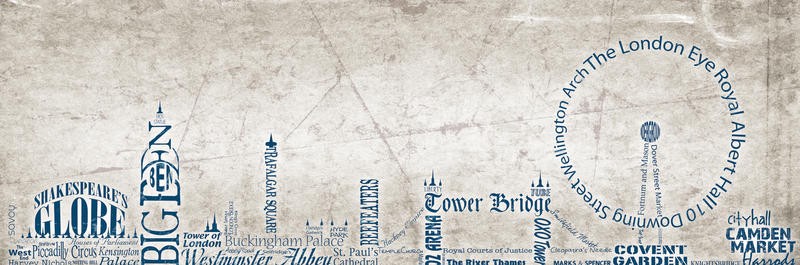 Diane Stimson, SKYLINE LONDON II (London, Städte, Silhouette, Typografie, Skyline, Buchstaben, plakativ, modern, Grafik, Wunschgröße, Treppenhaus, Wohnzimmer, bunt)