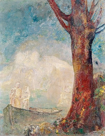 Odilon Redon, Die Barke. Um 1900 (Wunschgröße, klassische Moderne, Symbolismus, Barke, Boot, Fischerboot, Paar, Nebel, Dunst, mystisch,, Treppenhaus, Wohnzimmer, Malerei, bunt)