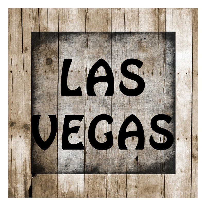 Sheldon Lewis, WOOD BORDER LAS VEGAS (Schild, Reisen, Las Vegas, Amerika, Holzschild,  Typografie, Nostalgie, Retro, Badezimmmer, Treppenhaus, Wunschgröße, beige/braun)