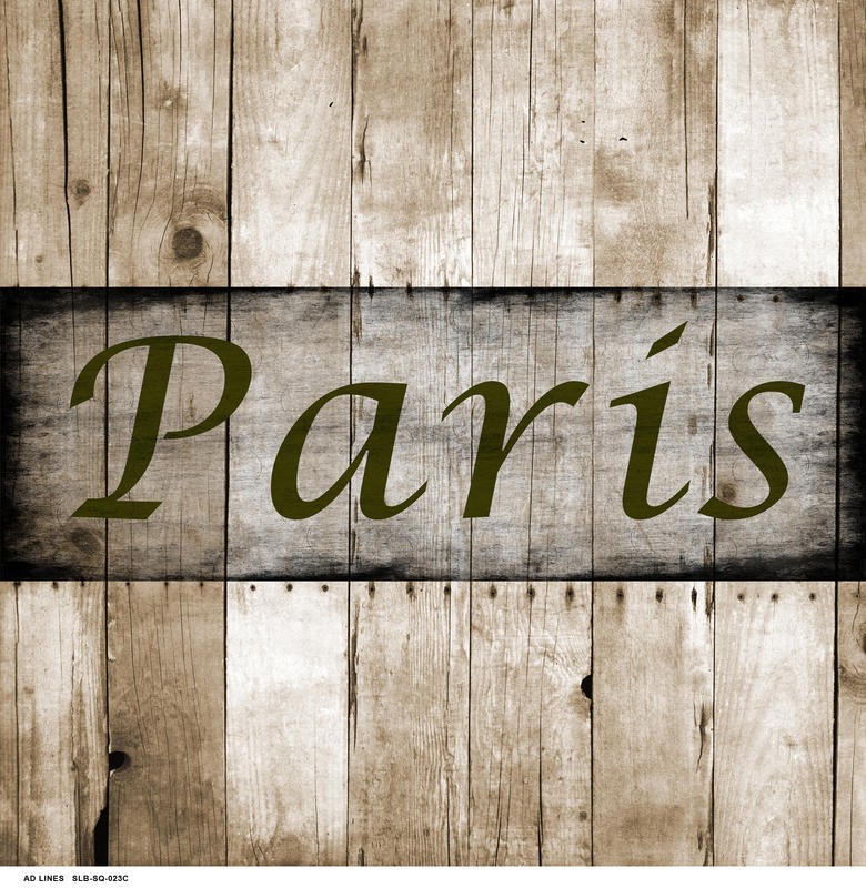 Sheldon Lewis, WOOD BORDER PARIS (Schild, Reisen, Paris, Frankreich, Holzschild,  Typografie, Nostalgie, Retro, Badezimmmer, Treppenhaus, Wunschgröße, beige/braun)