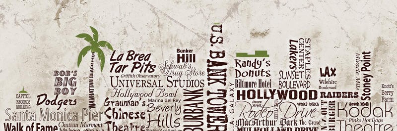 Diane Stimson, SKYLINE LOS ANGELES (Los Angeles, Städte, Silhouette, Typografie, Skyline, Buchstaben, plakativ, modern, Grafik, Wunschgröße, Treppenhaus, Wohnzimmer, bunt)