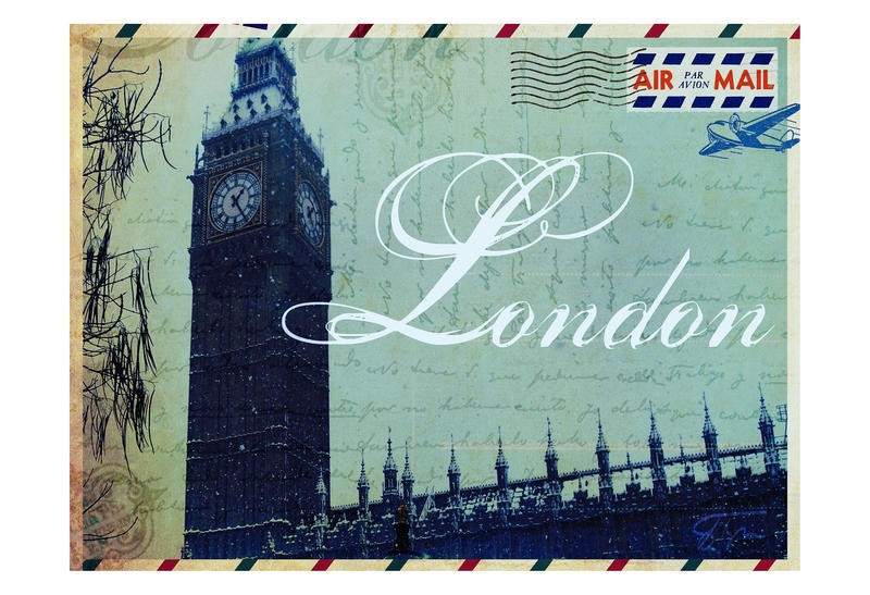 Jody Taylor, POSTCARD LONDON II (Big Ben, Glockenturm, Wahrzeichen, London, Postkarte, Luftpost, Nostalgie, Architektur, Städte, Reisen, moderne Malerei, Fotokunst, zeitgenössisch, Wohnzimmer, Treppenhaus, Wunschgröße, bunt)