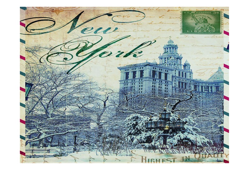 Jody Taylor, POSTCARD NEW YORK (Winter, Park, Landschaft, Gebäude, New York, Postkarte, Luftpost, Reisen, Nostalgie, Architektur, Städte, Grafik, Fotokunst,  Wohnzimmer, Treppenhaus, Wunschgröße, bunt)