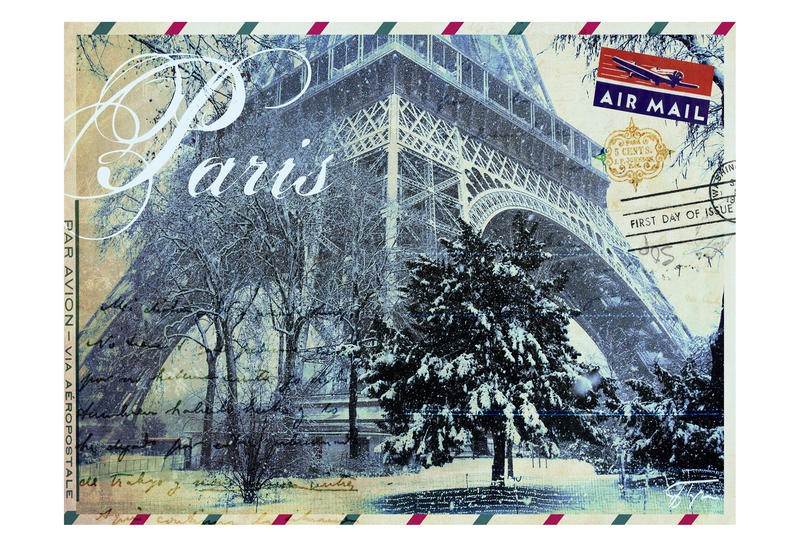 Jody Taylor, POSTCARD PARIS (Paris, Eiffelturm, Wahrzeichen, Reisen, Postkarte, Luftpost, Nostalgie, Architektur, Städte, moderne Malerei, Fotokunst, zeitgenössisch, Wohnzimmer, Treppenhaus, Wunschgröße, bunt)