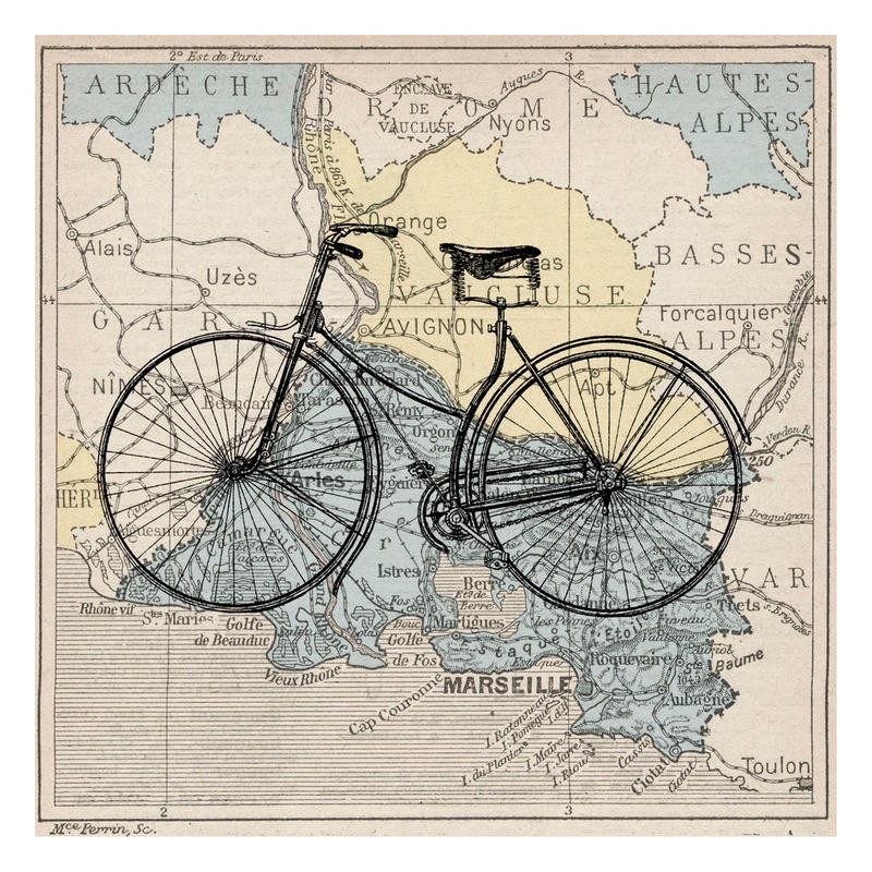 Tina Carlson, BIKE II (Geografische Karte, Landkarte, Frankreich, Retro, Vintage, Bike, Fahrrad,  historisch, Grafik, Wunschgröße, Wohnzimmer, Treppenhaus, bunt)