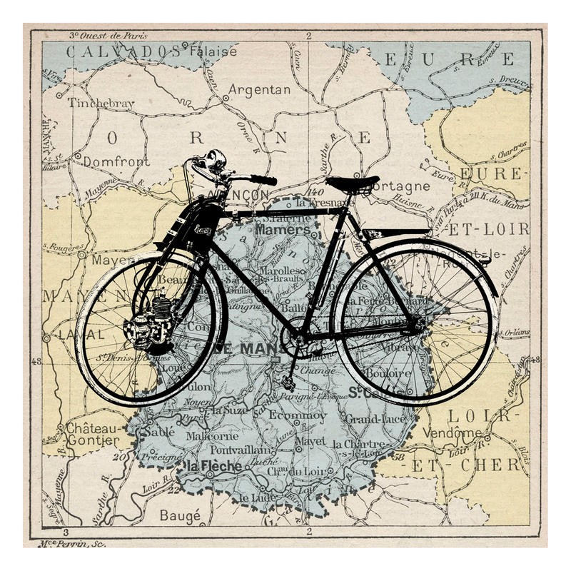 Tina Carlson, BIKE III (Geografische Karte, Landkarte, Frankreich, Retro, Vintage, Bike, Fahrrad,  historisch, Grafik, Wunschgröße, Wohnzimmer, Treppenhaus, bunt)