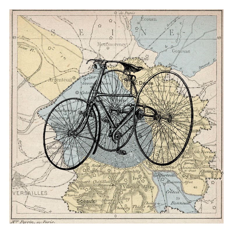 Tina Carlson, BIKE IV (Geografische Karte, Landkarte, Frankreich, Retro, Vintage, Bike, Fahrrad,  historisch, Grafik, Wunschgröße, Wohnzimmer, Treppenhaus, bunt)