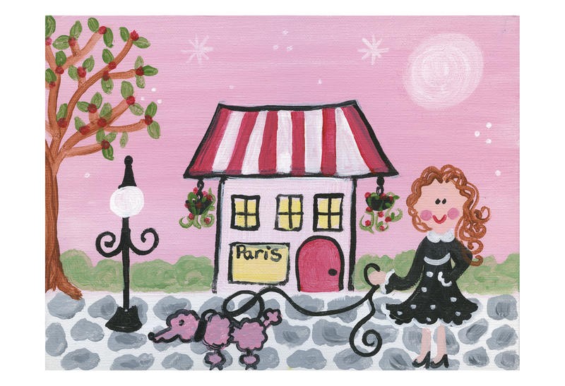 Tammy Hassett, KIDS I (Kind, Mädchen, Pudel, Gassi gehen, Haus, naiv, niedlich, lustig, plakativ, Grafik, Kinderzimmer,Wunschgröße, bunt)