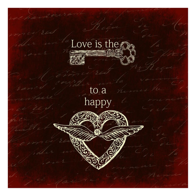Sheldon Lewis, HEART AND KEY I (Herz, Schlüssel, Flügel, Symbole, Liebe, Inspiration, Typografie, Nostalgie, Retro, Wohnzimmer, Treppenhaus, Wunschgröße, rot)