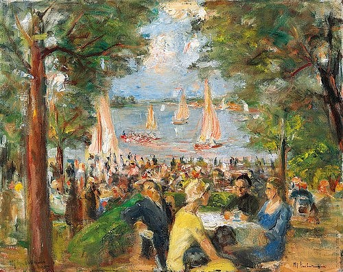 Max Liebermann, Gartenlokal an der Havel. 1934 (Christie's Images Ltd,Liebermann,Max,1847-1935,Öl auf Leinwand,20. Jahrhundert,Impressionismus,Max Liebermann,Segelboote,draußen,Freizeit,Ausflugslokal,Ausflugsziel,gesellig,Biergarten,zusammensitzen,Blick auf das Wasser,Havel,Sonntag)