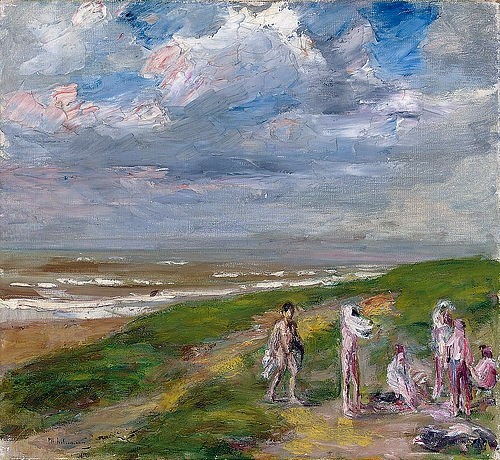 Max Liebermann, Nach dem Bade. Um 1908-10 (Christie's Images Ltd,Liebermann,Max,1847-1935,Öl auf Leinwand,20. Jahrhundert,Impressionismus,Max Liebermann,Strand,Meer,Wolken,Badende,Himmel,impressionistisch,Horizont,Gruppe,baden,bewölkt)