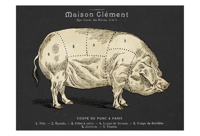 Tina Carlson, COUPE DU PORC (Schwein, Tier, Fleisch, Studie, Metzgerei, Grafik, Retro, Wunschgröße, Wohnzimmer, Treppenhaus, schwarz/weiß/sepia)
