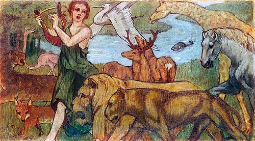 Franz Marc, Orpheus mit den Tieren (Entwurf für einen Wandbehang). 1907 (München,Städtische Galerie,Marc,Franz,1880-1916,Öl auf Leinwand,20. Jahrhundert,Franz Marc,Früwerk,Orpheus,Tier,Tierpaar,Löwenpaar,Tiere,griechische Mythologie,Löwe,Löwin,Fuchs,Leier,Lyra,Hirsch,Pferd,Giraffe,folgen,Sänger,Blauer Reiter,Kranich)