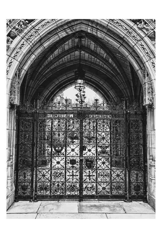 Sandro De Carvalho, ARCHED ENTRY IV (Tür, Torbogen, Schmiedeeisen, Nostalgie, Eingang, Schnörkel, Architektur, Wohnzimmer, Treppenhaus, Fotokunst, Wunschgröße, schwarz/weiß)
