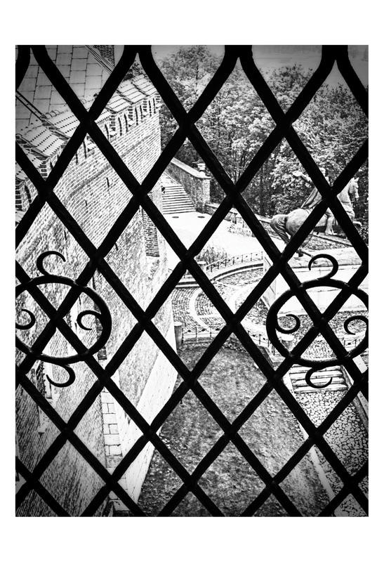 Sandro De Carvalho, GATED VIEW I (Eisengitter, Schmiedeeisen, Durchblick, Garten, Nostalgie, Schnörkel, Architektur, Wohnzimmer, Treppenhaus,  Fotokunst, Wunschgröße, schwarz/weiß)