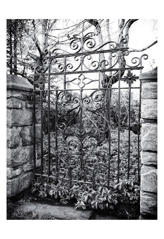 Sandro De Carvalho, GATED VIEW III (Eisengitter, Schmiedeeisen, Durchblick, Garten, Nostalgie, Schnörkel, Architektur, Wohnzimmer, Treppenhaus Schlafzimmer, Fotokunst, Wunschgröße, schwarz/weiß)