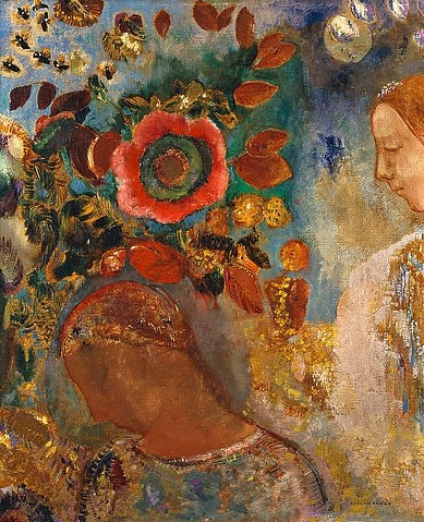 Odilon Redon, Zwei Mädchen mit Blumen. 1912 (Symbolismus, Figurativ, Frauen, Mädchen, Blumen, Treppenhaus, Wohnzimmer, Wunschgröße, klassische Moderne, Malerei, bunt)