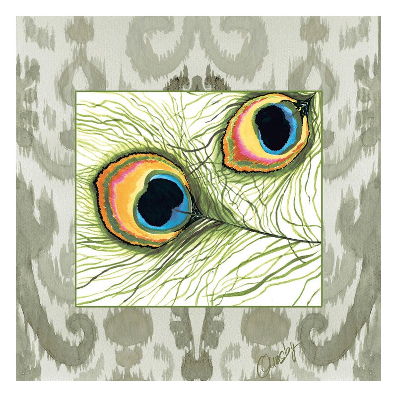 Anne Ormsby, PEACOCK FEATHER I (Pfauenaugen, Vogel. Federn, Ornamente, Malerei, Wunschgröße, Wohnzimmer, Esszimmer, Treppenhaus, bunt)