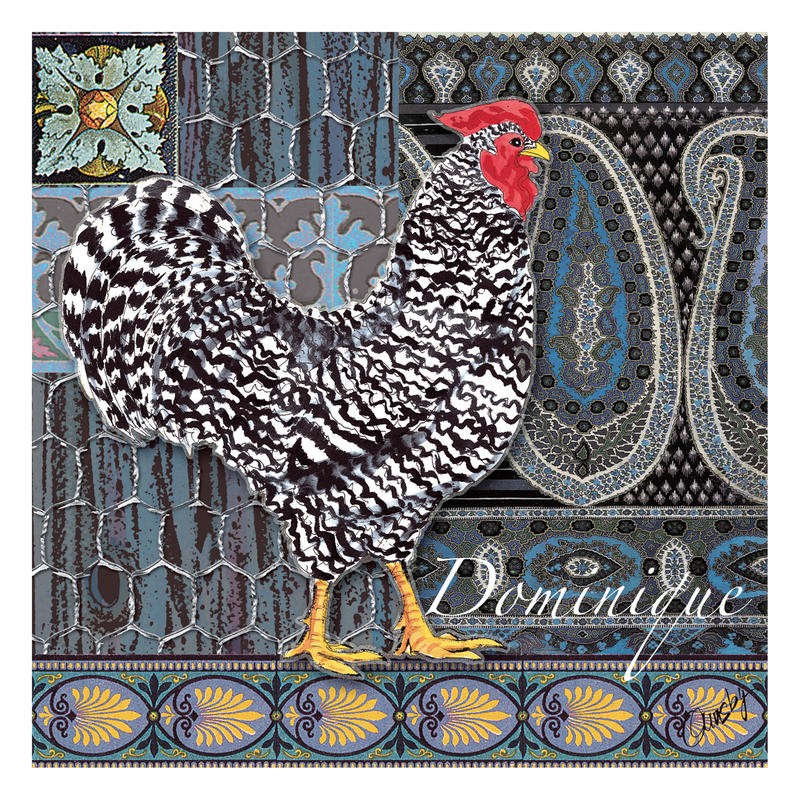 Anne Ormsby, CHICKEN RUN III (Huhn, Maschendraht, Muster, Paisley, Ornamente, Malerei, bäuerlich, Wunschgröße, Wohnzimmer, Esszimmer, Treppenhaus, bunt)