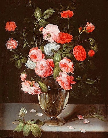 Ambrosius Brueghel, Rosen und Nelken in einer Glasvase auf einem Sims. (Öl auf Holz,17. Jahrhundert,Stillleben,Barock,Brueghel,Ambrosius,1617-1675,? Christies Images 2004,Ambrosius Brueghel flämisch Blume Blumen Blumenstrauß Rose Rosen Nelke Nelken rot)